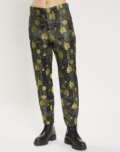 Pantalon à fleurs noir/jaune