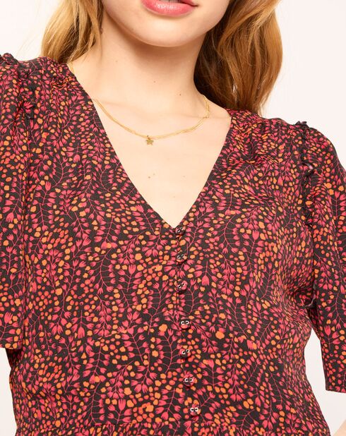 Robe midi print feuille rouge/noir