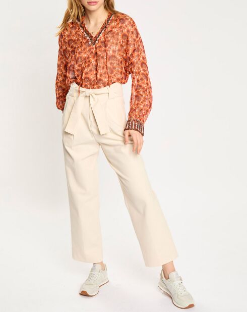 Pantalon taille haute droit noeud taille écru