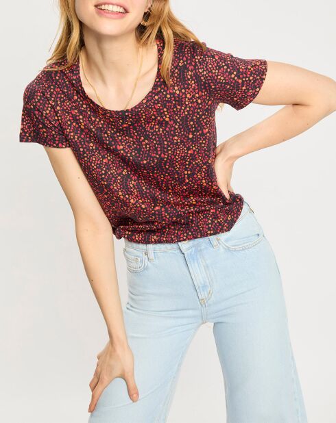 T-Shirt col rond print feuille rouge/noir