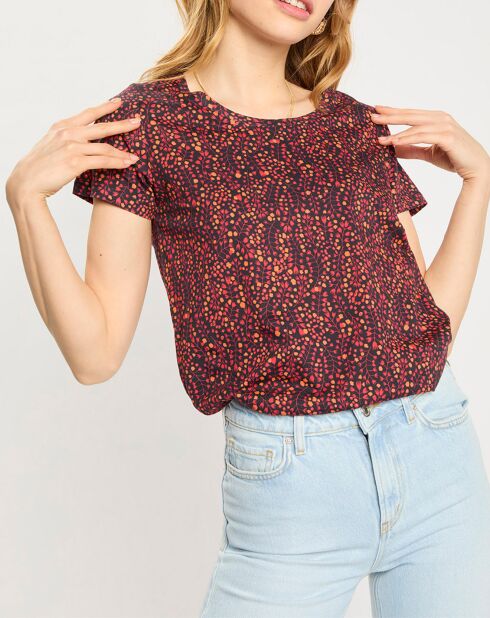 T-Shirt col rond print feuille rouge/noir