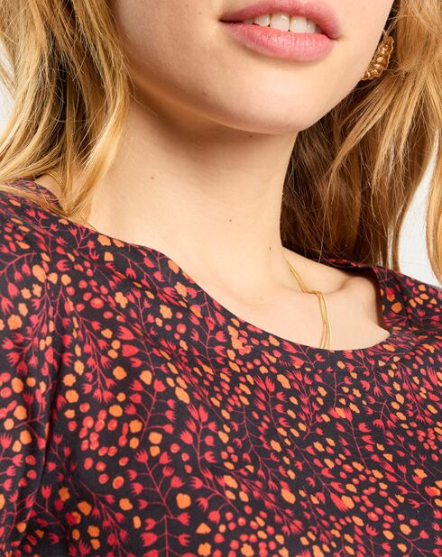 T-Shirt col rond print feuille rouge/noir