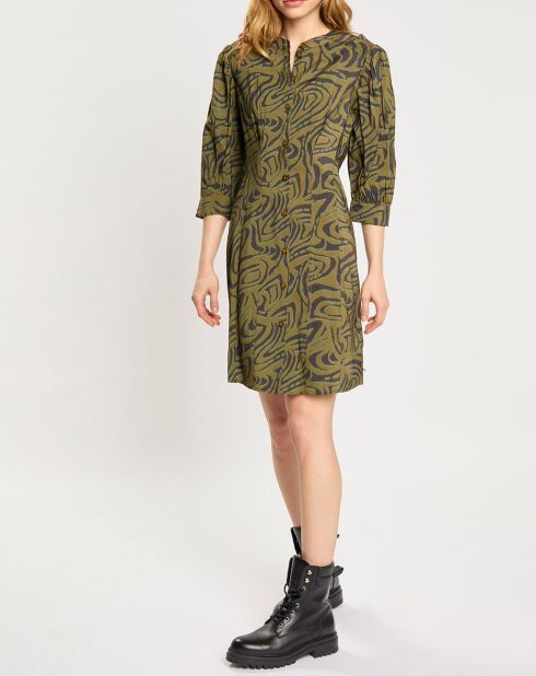Robe Bouton Mi-Longue Zèbre vert/noir