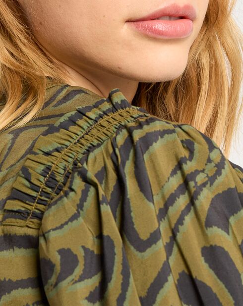 Robe Bouton Mi-Longue Zèbre vert/noir