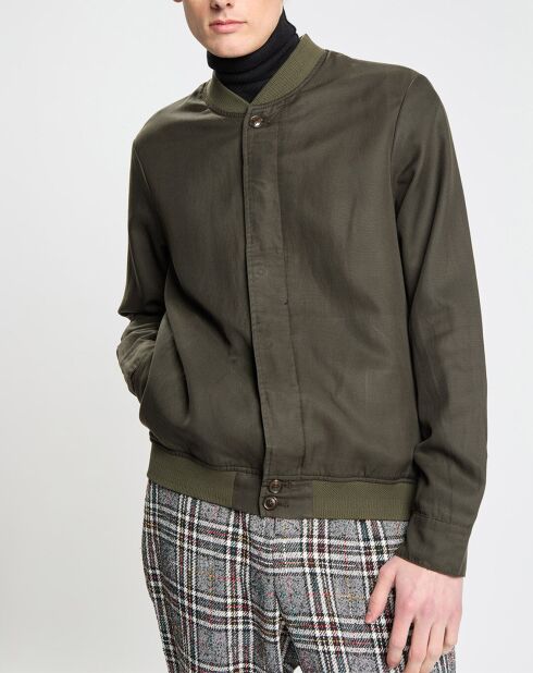Blouson en Lin mélangé court kaki foncé