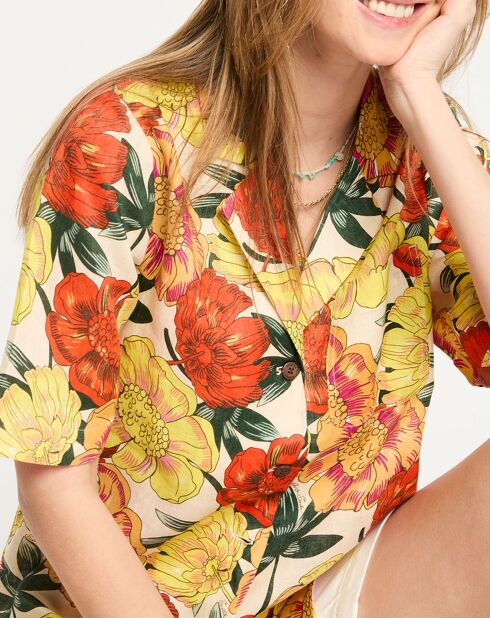 Losvallend overhemd van 100% linnen met veelkleurige Hawaïaanse print