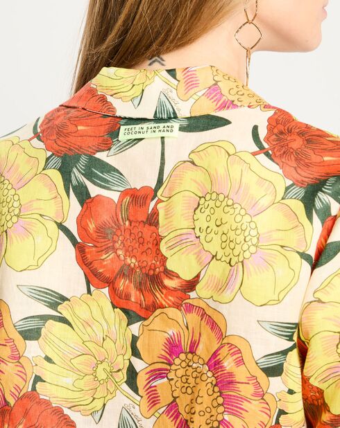 Losvallend overhemd van 100% linnen met veelkleurige Hawaïaanse print