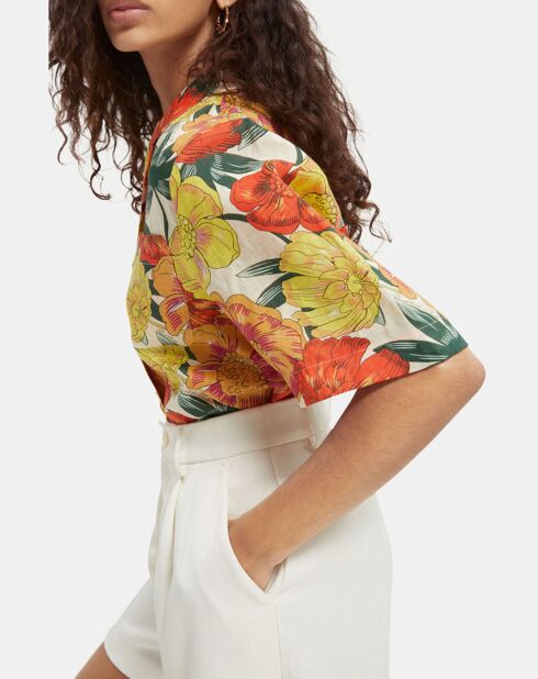 Losvallend overhemd van 100% linnen met veelkleurige Hawaïaanse print