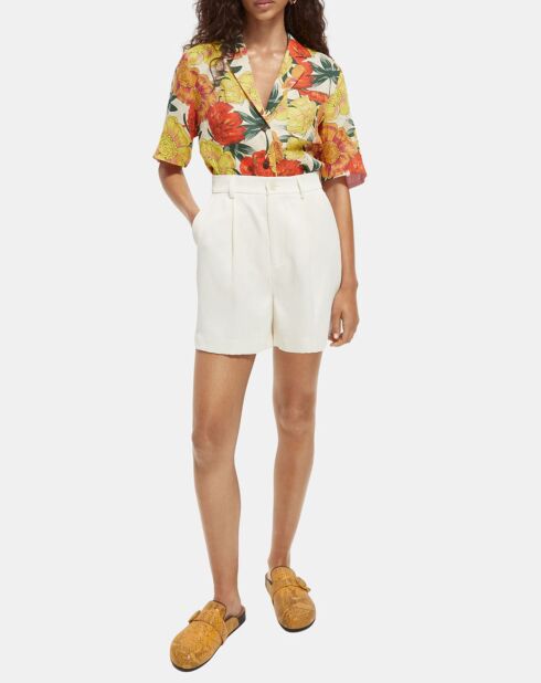 Losvallend overhemd van 100% linnen met veelkleurige Hawaïaanse print