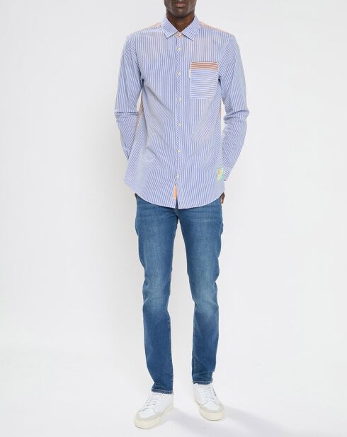 100% biologisch katoen Regular Fit Seersuck blauw/bruin shirt