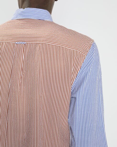 100% biologisch katoen Regular Fit Seersuck blauw/bruin shirt