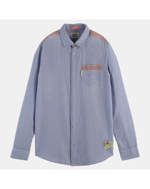 100% biologisch katoen Regular Fit Seersuck blauw/bruin shirt
