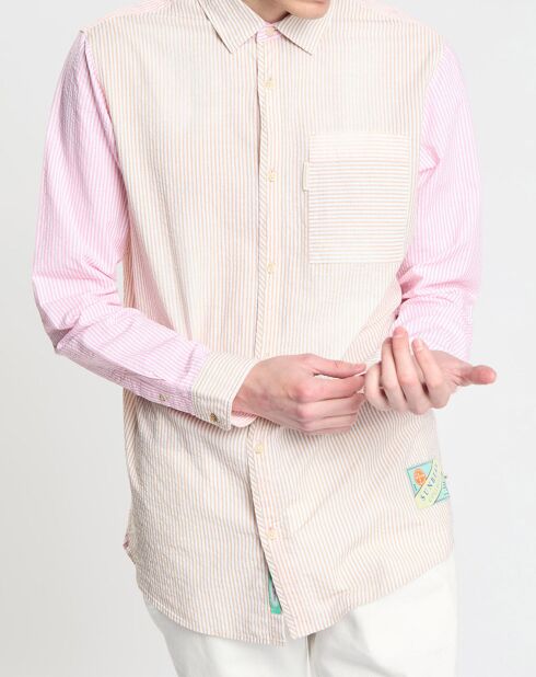 Chemise 100% Coton Bio Regular Fit Seersuck  à rayures rose/beige