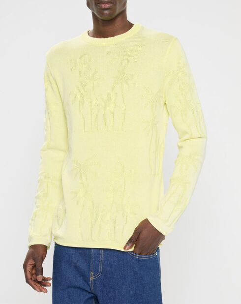 Pull col rond à motif palmier jaune clair