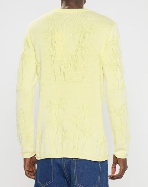 Pull col rond à motif palmier jaune clair