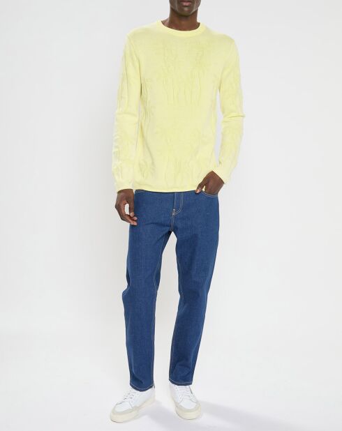 Pull col rond à motif palmier jaune clair