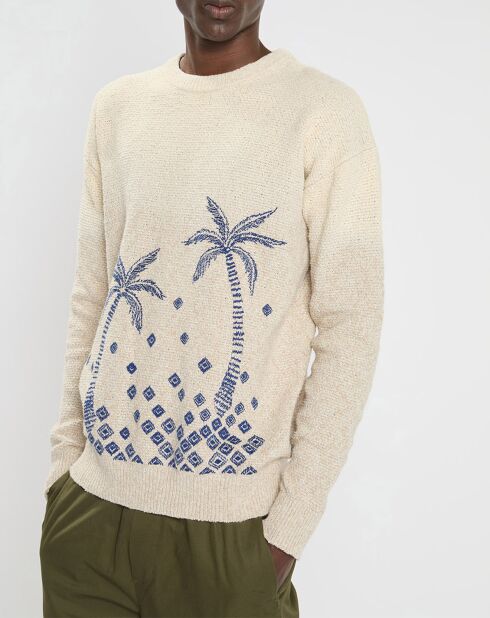 Pull col rond brodé beige clair