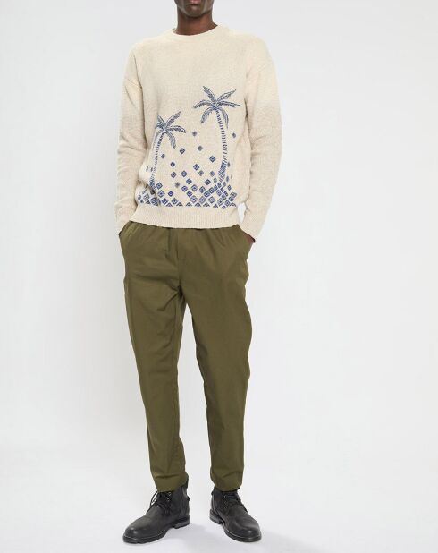 Pull col rond brodé beige clair