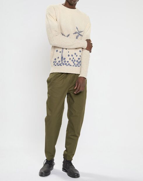 Pull col rond brodé beige clair