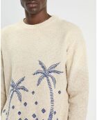Pull col rond brodé beige clair