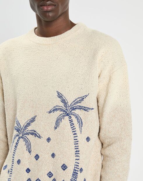 Pull col rond brodé beige clair