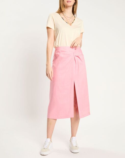 Rosafarbener Midirock aus 100% Leinen