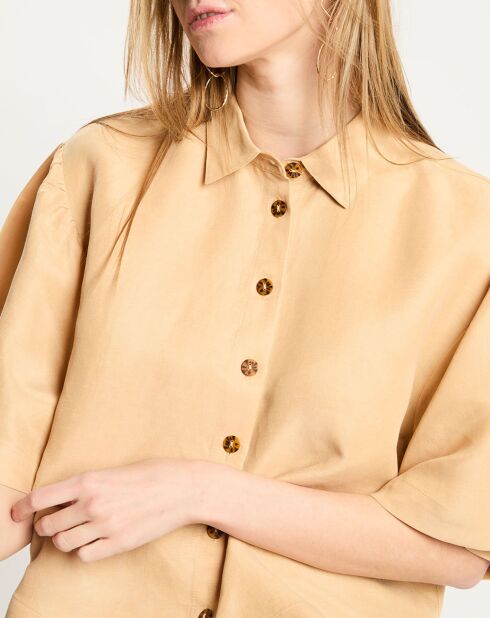 Camisa mediana en mezcla de lino beige