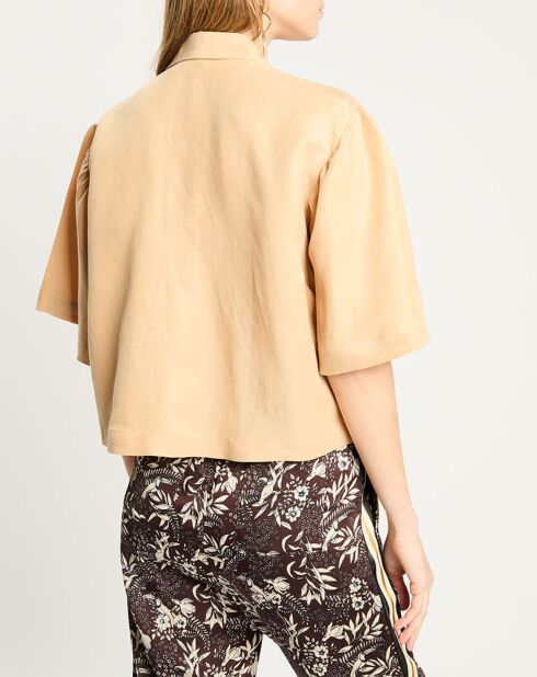 Camisa mediana en mezcla de lino beige