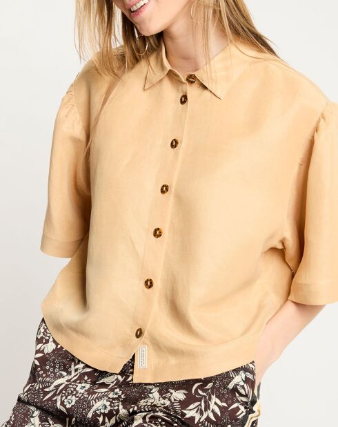 Camisa mediana en mezcla de lino beige