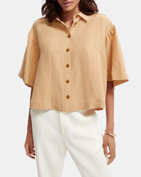 Camisa mediana en mezcla de lino beige
