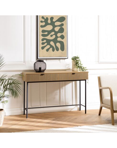 SCOTT - Console 2 tiroirs décor effet bois rainuré noir/naturel