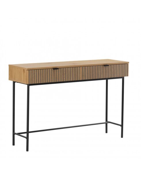 SCOTT - Console 2 tiroirs décor effet bois rainuré noir/naturel