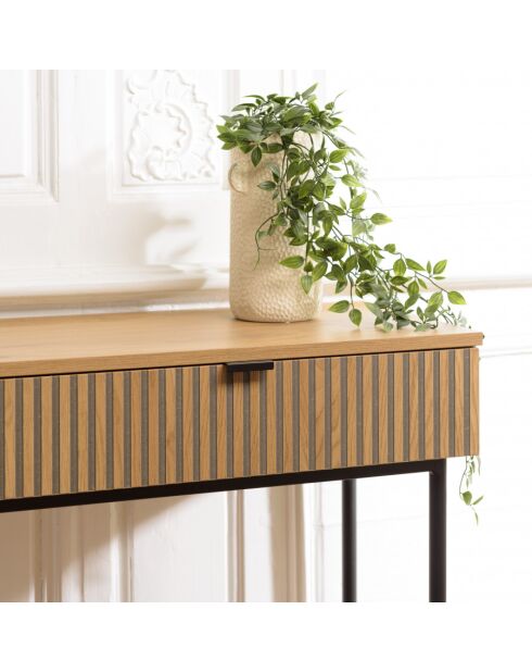 SCOTT - Console 2 tiroirs décor effet bois rainuré noir/naturel
