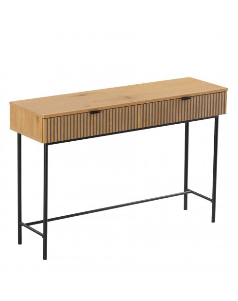 SCOTT - Console 2 tiroirs décor effet bois rainuré noir/naturel