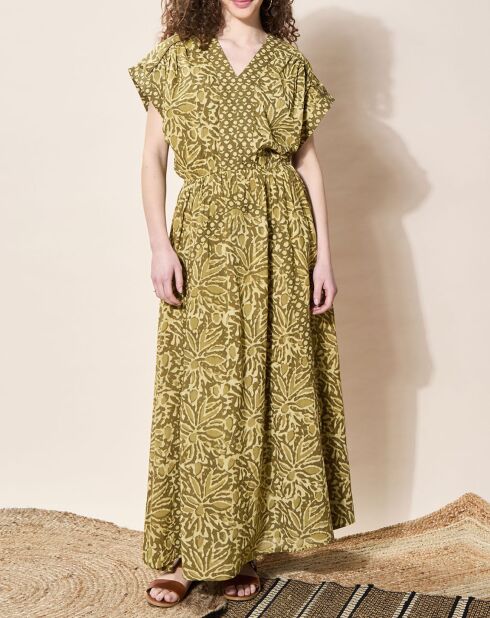 Langes, khakifarbenes, bedrucktes Dishka-Kleid aus 100% Bio-Baumwolle