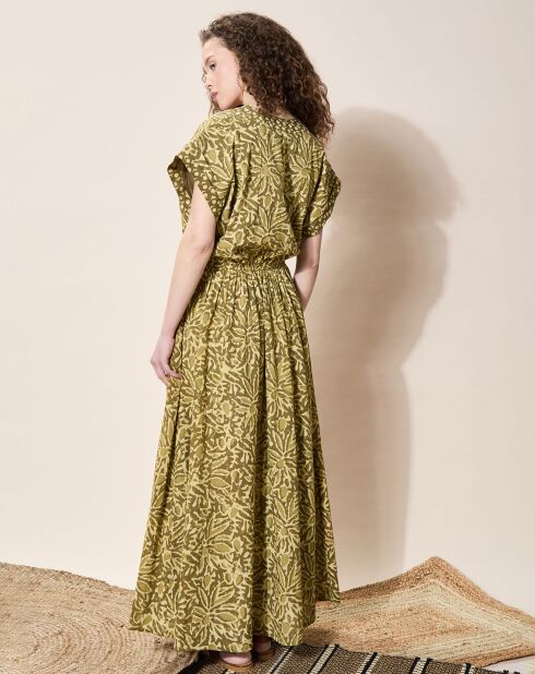 Langes, khakifarbenes, bedrucktes Dishka-Kleid aus 100% Bio-Baumwolle
