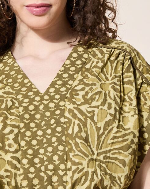 Langes, khakifarbenes, bedrucktes Dishka-Kleid aus 100% Bio-Baumwolle