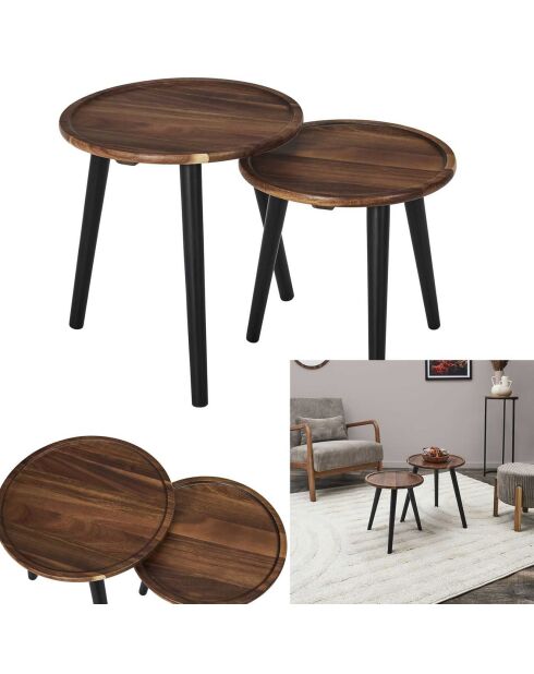 2 Tables Gigogne Rond Acacia noir/marron