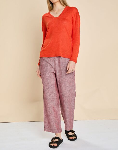 Pantalon 100% Lin Emmos rayé marine/géranium