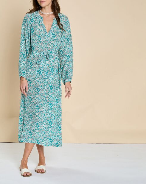 Robe en Soie mélangée Evi imprimée marguerite turquoise