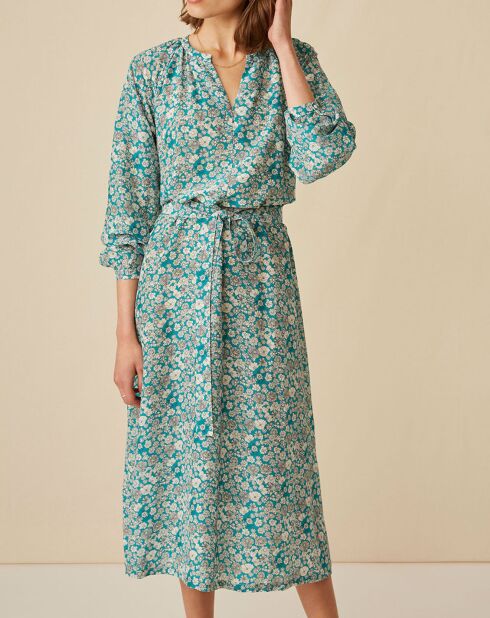 Robe en Soie mélangée Evi imprimée marguerite turquoise