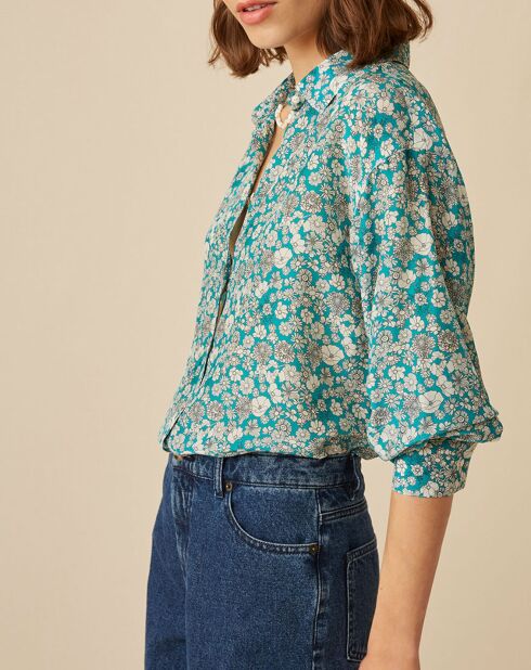 Chemise en Soie mélangée Evilio imprimée marguerite turquoise