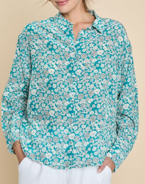 Chemise en Soie mélangée Evilio imprimée marguerite turquoise