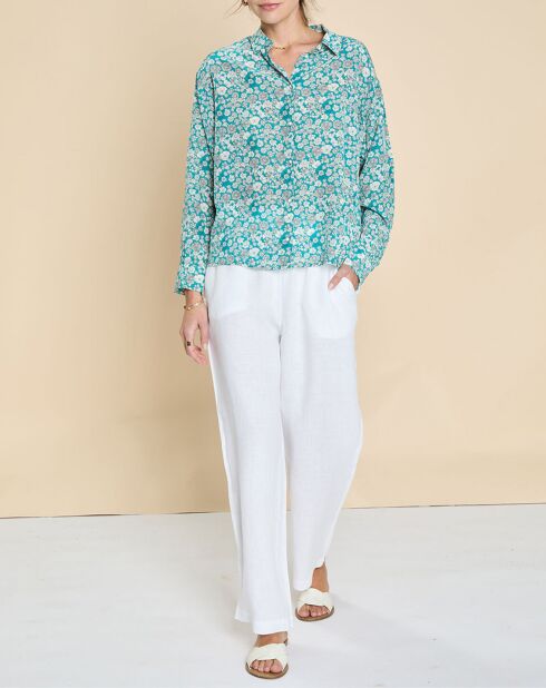Chemise en Soie mélangée Evilio imprimée marguerite turquoise