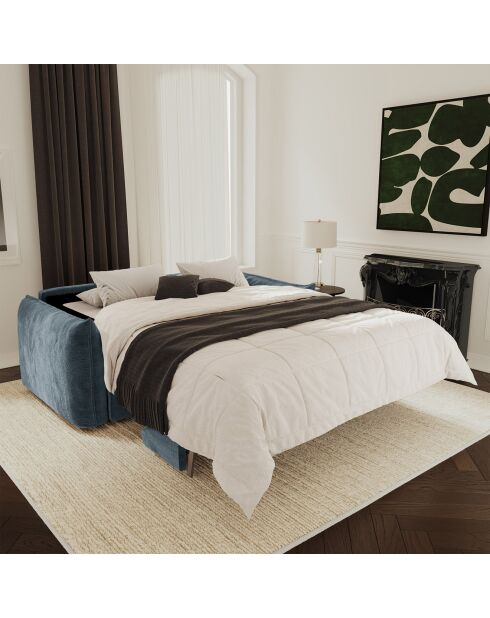 Canapé convertible 140cm épaisseur 17cm Coco Velours gaufré bleu minéral - 208x105x90 cm