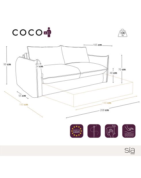 Slaapbank 140cm dik 17cm Coco Velours beige - 208x105x90 cm