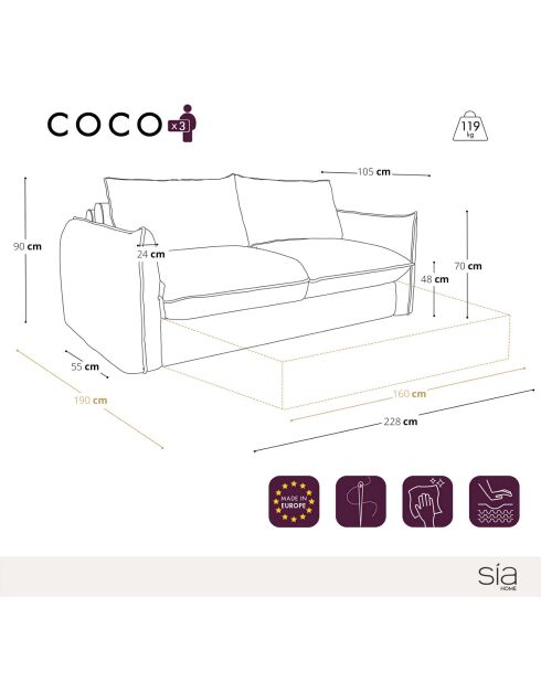 Schlafsofa, 160 cm dick, 17 cm, geprägter, mineralblauer Kokosnusssamt von Coco Velours — 228 x 105 x 90 cm