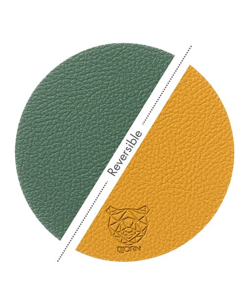 6 ronde omkeerbare onderzetters mosterdgeel/dennengroen - D.10 cm