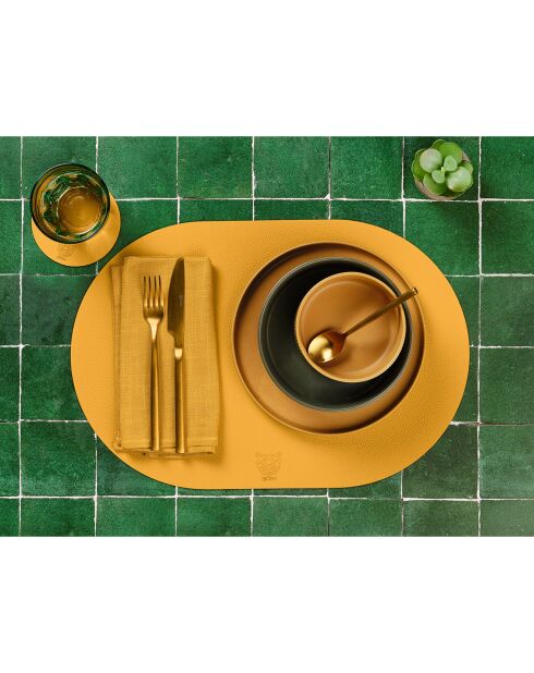 6 Sets de table ovales réversibles jaune moutarde/vert sapin -  44.5x30x0.18 cm