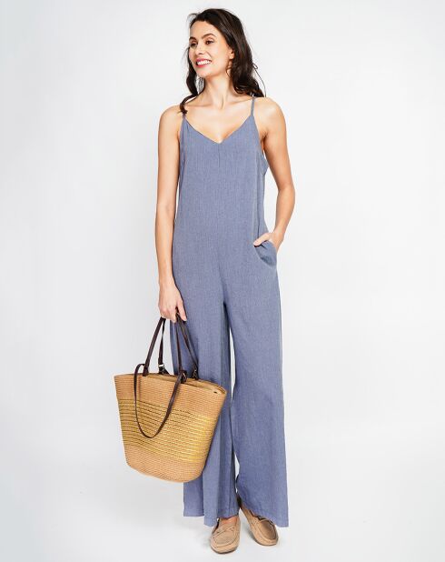 Marineblauwe jeansjumpsuit van linnenmix